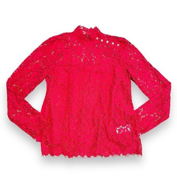 J. Crew Red Mockneck Floral Lace Long Sleeve Blouse Eyelash Hem Women’s Size 4 - Picture 8 of 12
